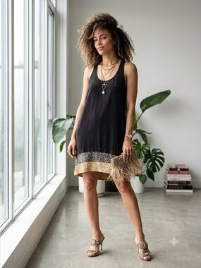 AKA New York black silk tank dress with metallic sequin hem - Small